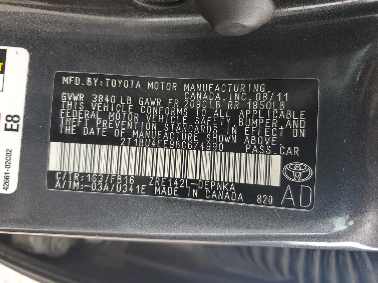 2011 Toyota Corolla Base VIN: 2T1BU4EE9BC674990 Lot: 56991655