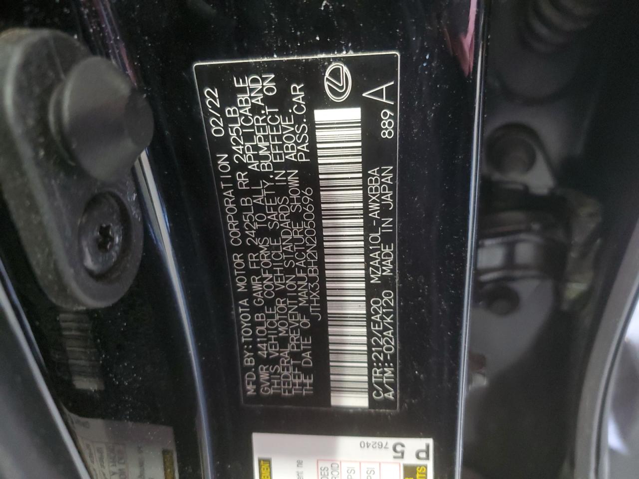 2022 Lexus Ux 200 Base VIN: JTHX3JBH2N2050696 Lot: 55606485