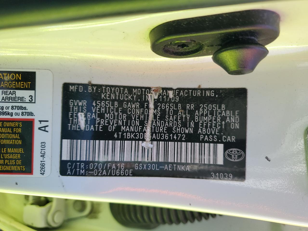 2010 Toyota Avalon Xl VIN: 4T1BK3DB5AU361472 Lot: 56011635