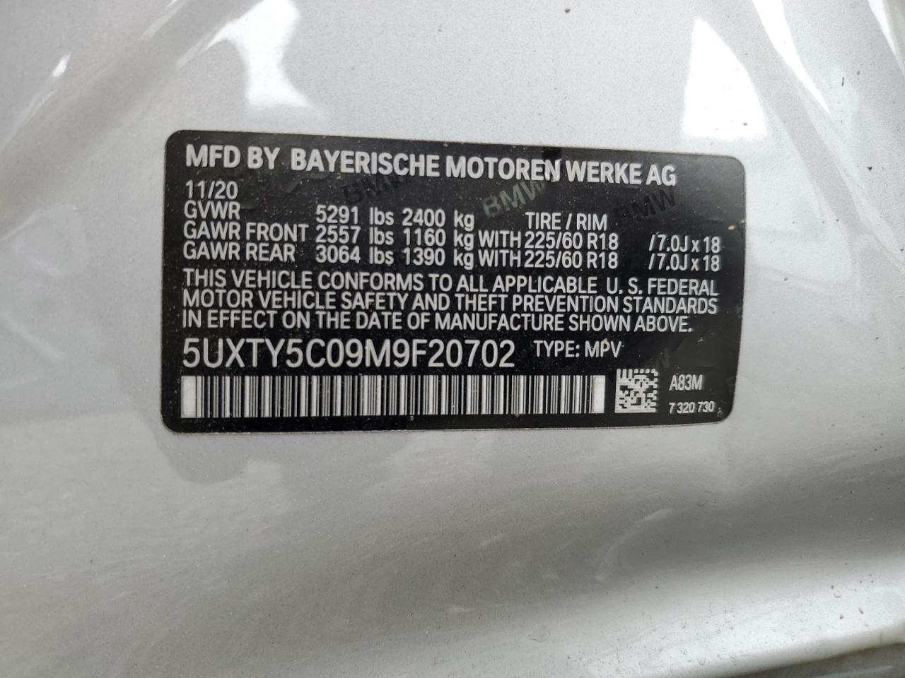 2021 BMW X3 xDrive30I VIN: 5UXTY5C09M9F20702 Lot: 54984375