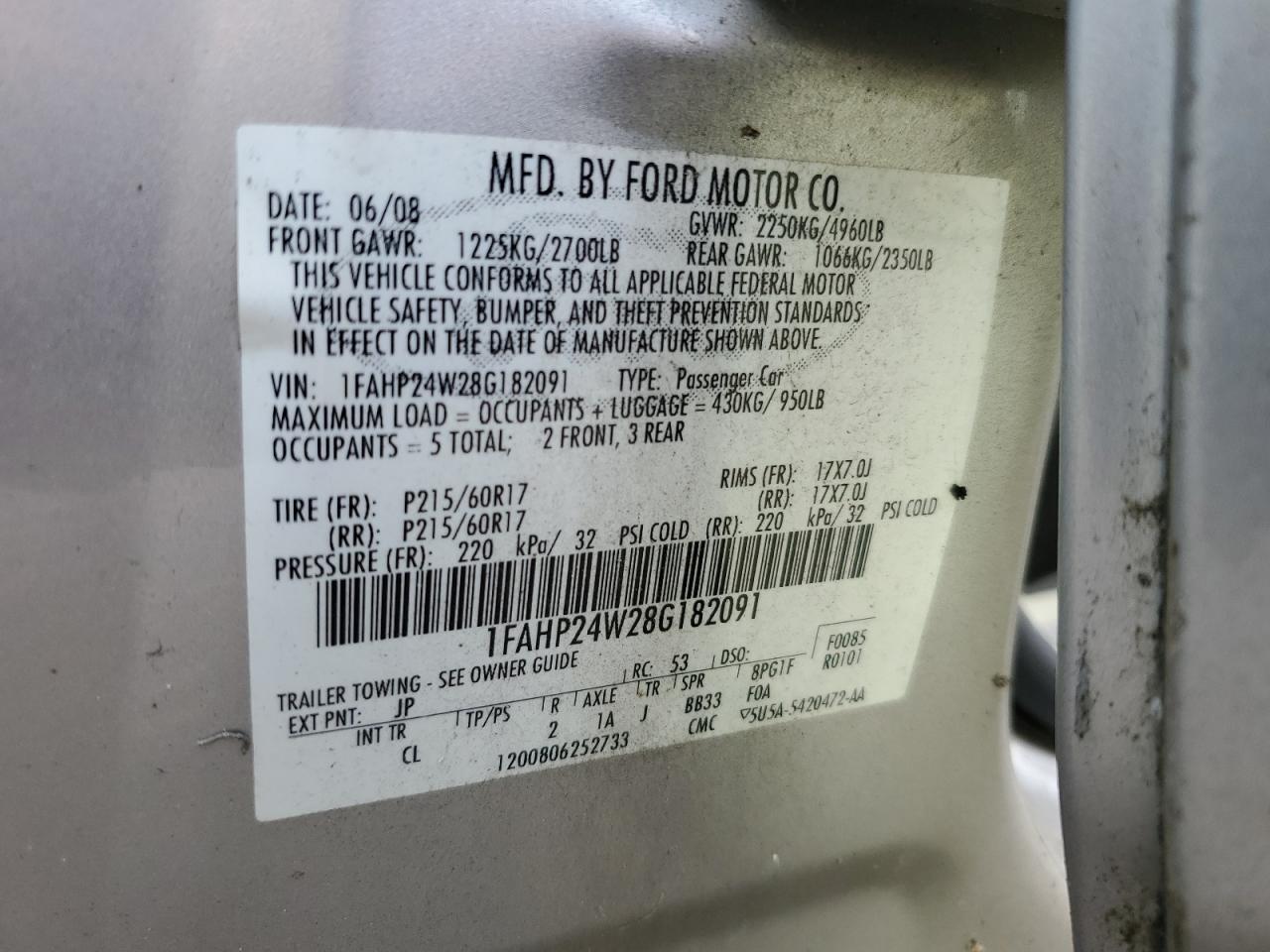 2008 Ford Taurus Sel VIN: 1FAHP24W28G182091 Lot: 47381195