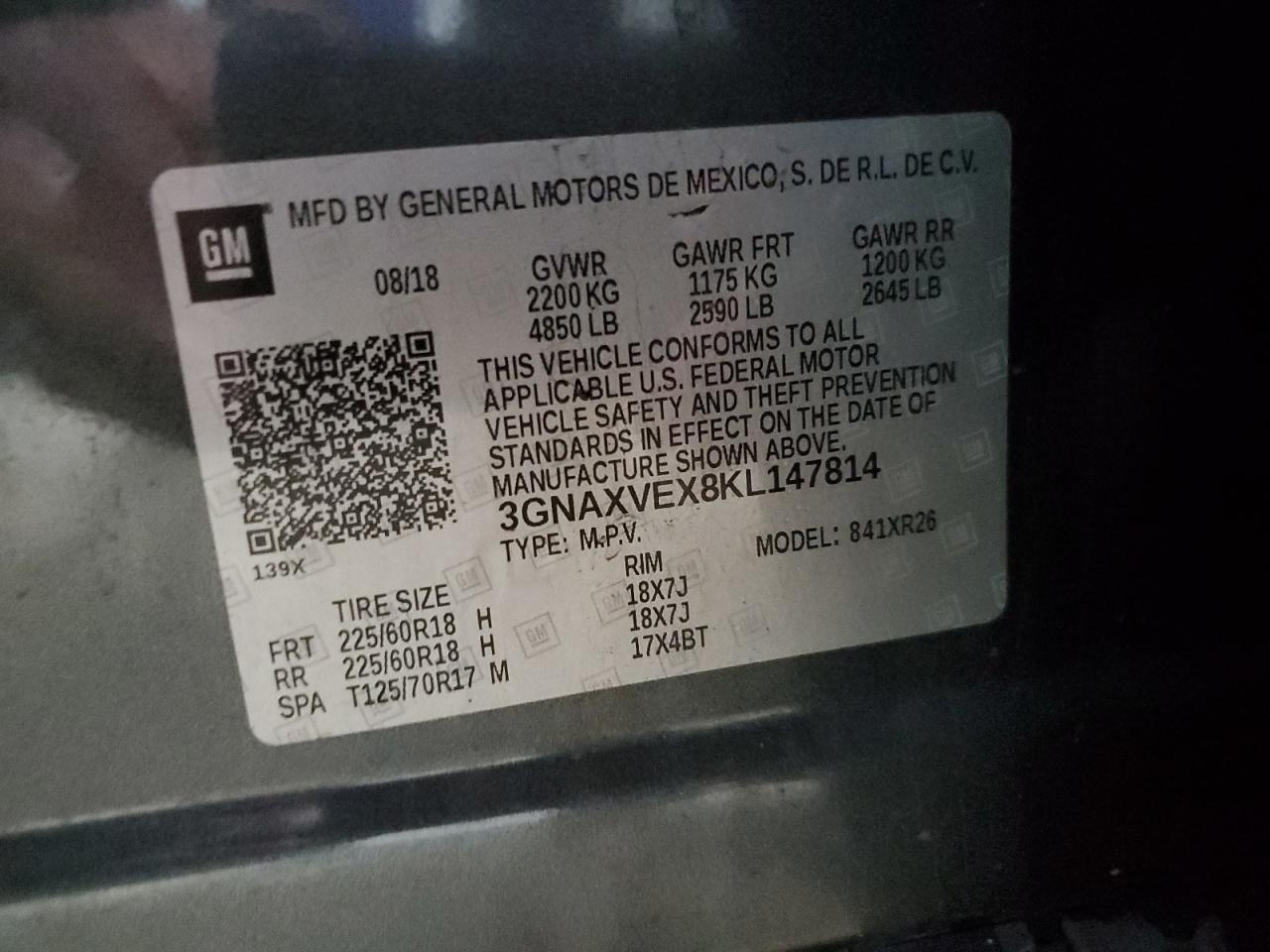 2019 Chevrolet Equinox Lt VIN: 3GNAXVEX8KL147814 Lot: 58151275