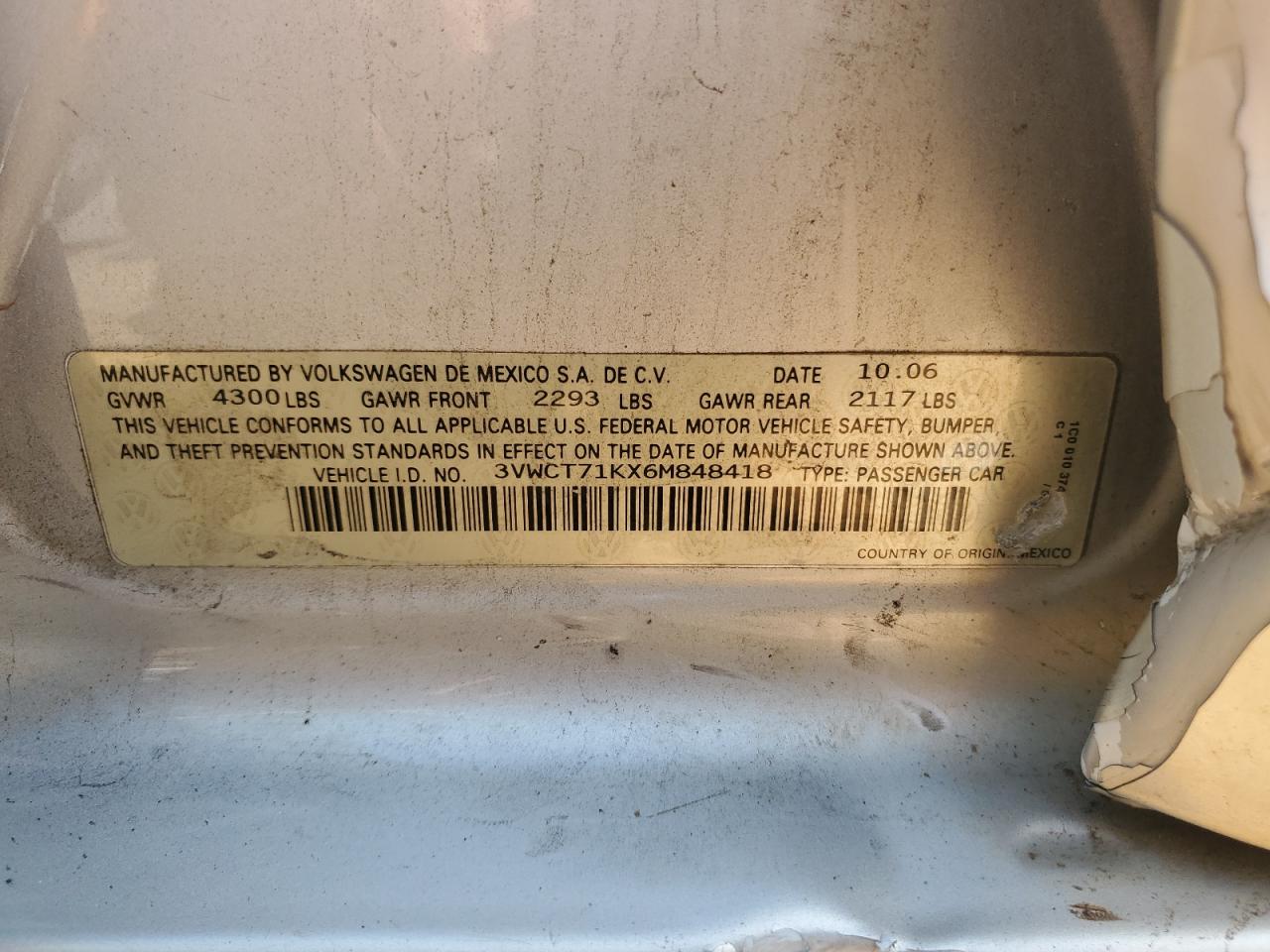 2006 Volkswagen Jetta Tdi VIN: 3VWCT71KX6M848418 Lot: 56151445