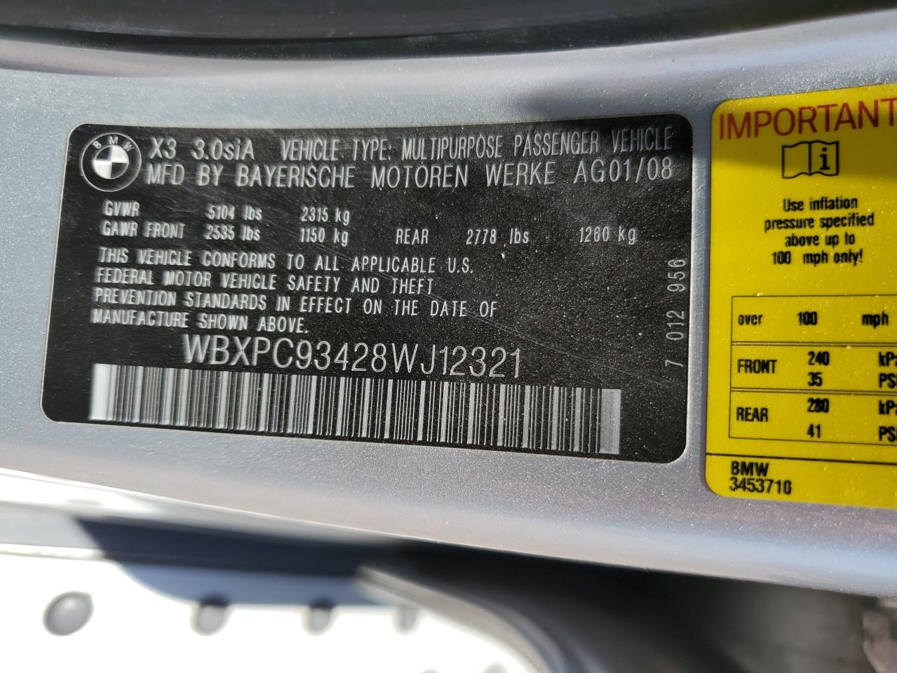 2008 BMW X3 3.0Si VIN: WBXPC93428WJ12321 Lot: 57561835