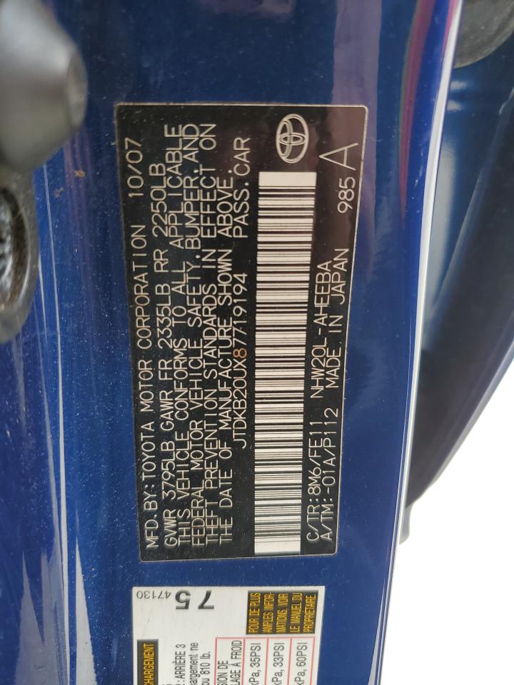 2008 Toyota Prius VIN: JTDKB20UX87719194 Lot: 56152945