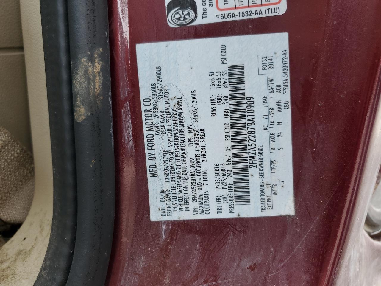 2007 Ford Freestar Sel VIN: 2FMZA52287BA10909 Lot: 55662525