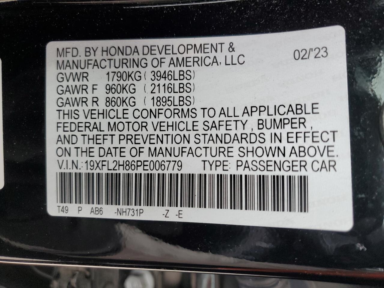 2023 Honda Civic Sport VIN: 19XFL2H86PE006779 Lot: 57169455