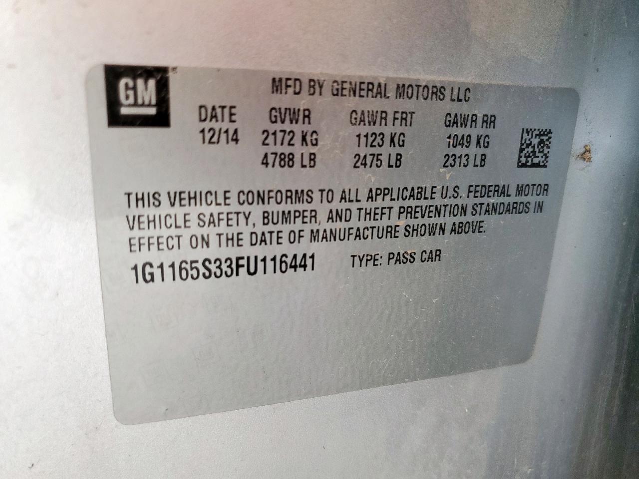 2015 Chevrolet Impala Ltz VIN: 1G1165S33FU116441 Lot: 56896125