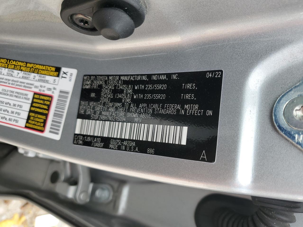 2022 Toyota Highlander Platinum VIN: 5TDFZRBH7NS215094 Lot: 58805075