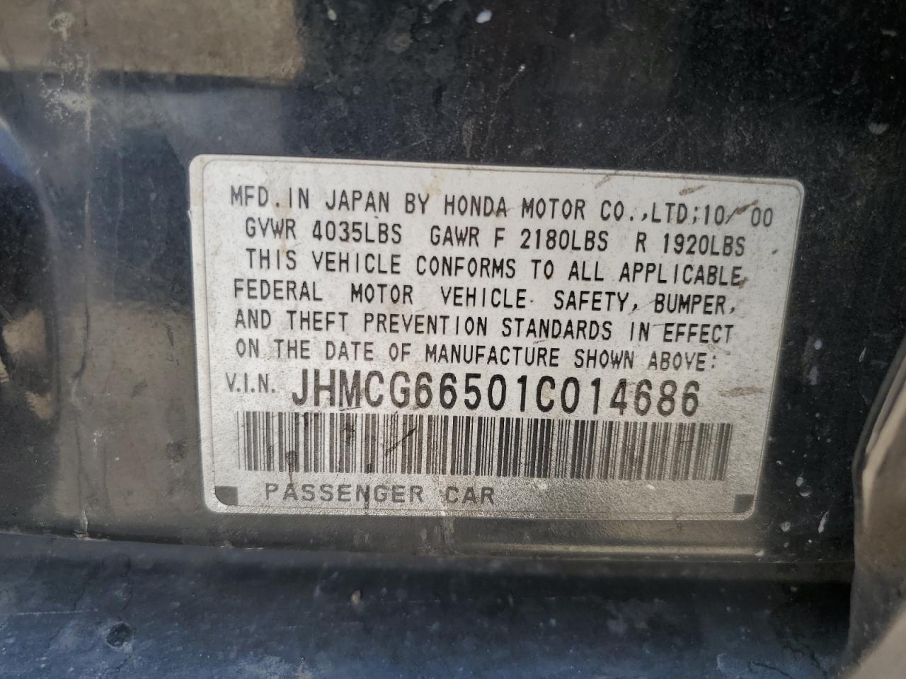 2001 Honda Accord Lx VIN: JHMCG66501C014686 Lot: 55479965