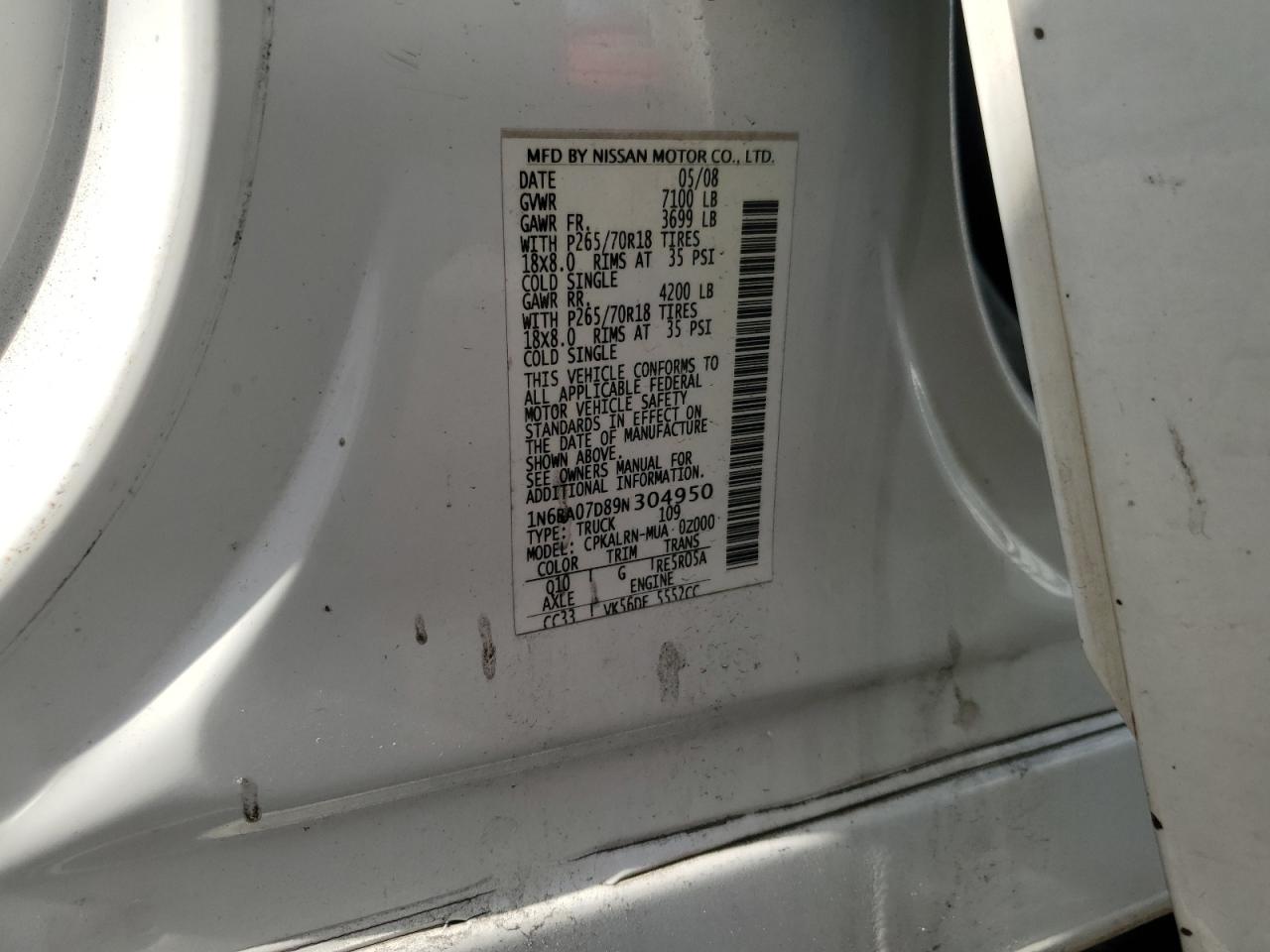 2009 Nissan Titan Xe VIN: 1N6BA07D89N304950 Lot: 56355205