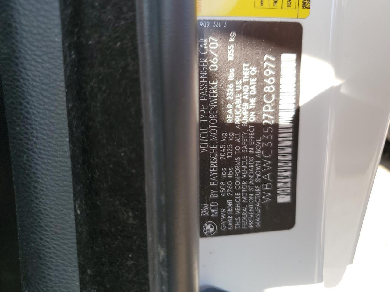 2007 BMW 328 Xi VIN: WBAWC33527PC86977 Lot: 56960285