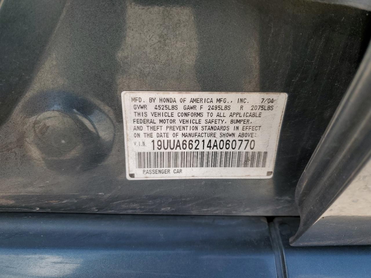 2004 Acura Tl VIN: 19UUA66214A060770 Lot: 56723455