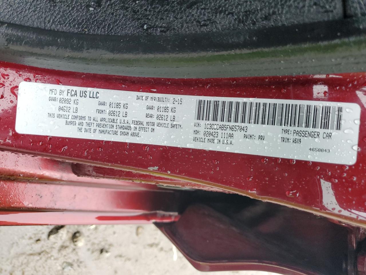 2015 Chrysler 200 Limited VIN: 1C3CCCAB5FN657043 Lot: 57950785