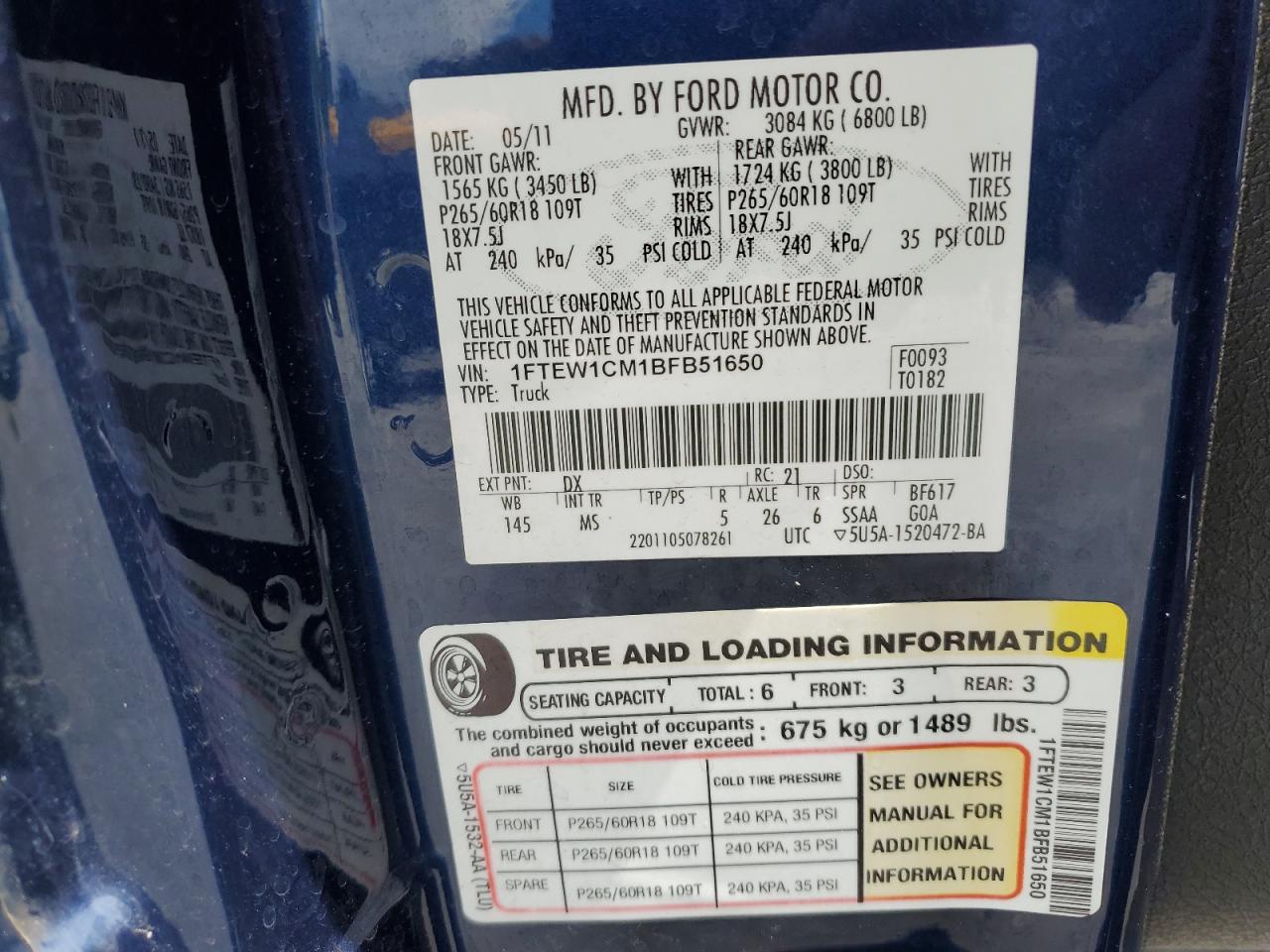 2011 Ford F150 Supercrew VIN: 1FTEW1CM1BFB51650 Lot: 57059375