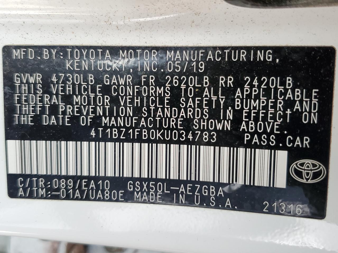 2019 Toyota Avalon Xle VIN: 4T1BZ1FB0KU034783 Lot: 57139725