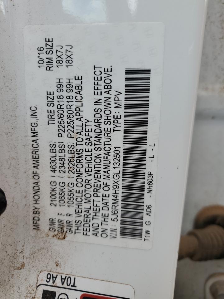 2016 Honda Cr-V Touring VIN: 5J6RM4H9XGL132501 Lot: 56022035