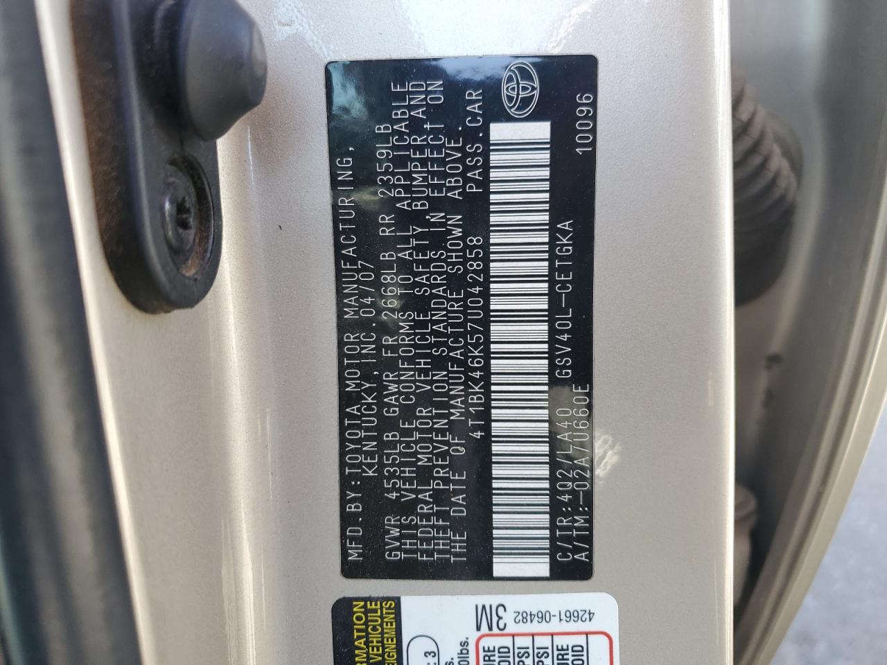2007 Toyota Camry Le VIN: 4T1BK46K57U042858 Lot: 56865415