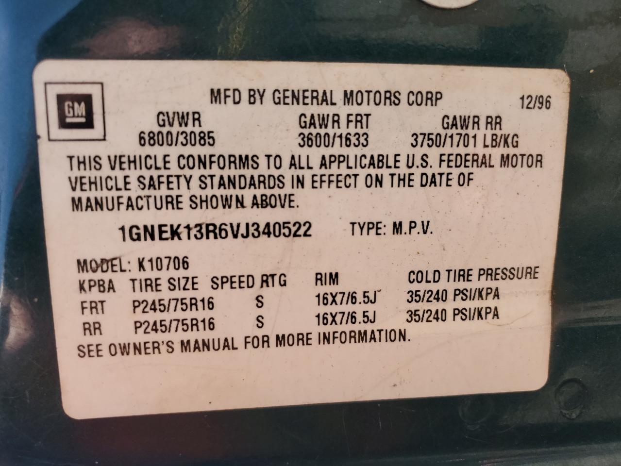 1997 Chevrolet Tahoe K1500 VIN: 1GNEK13R6VJ340522 Lot: 56500405