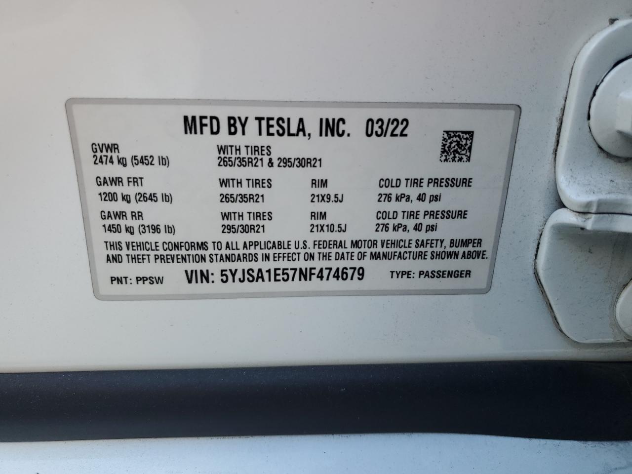2022 Tesla Model S VIN: 5YJSA1E57NF474679 Lot: 56608285