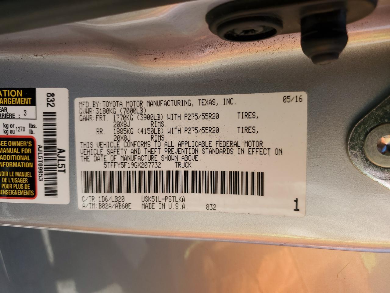 2016 Toyota Tundra Crewmax Limited VIN: 5TFFY5F19GX207732 Lot: 56767965