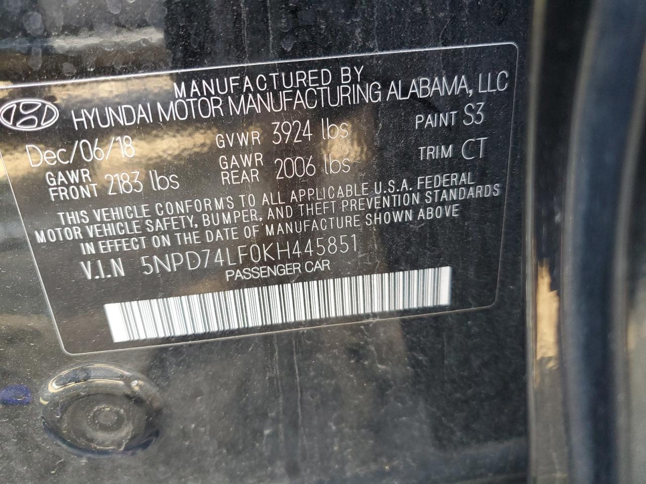 2019 Hyundai Elantra Se VIN: 5NPD74LF0KH445851 Lot: 55461875