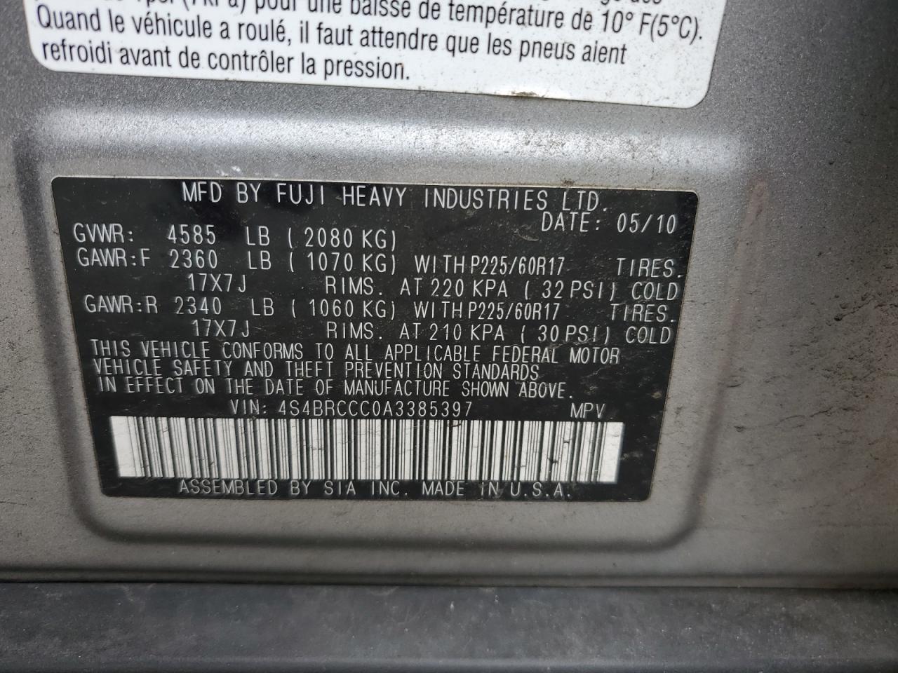2010 Subaru Outback 2.5I Premium VIN: 4S4BRCCC0A3385397 Lot: 56975485