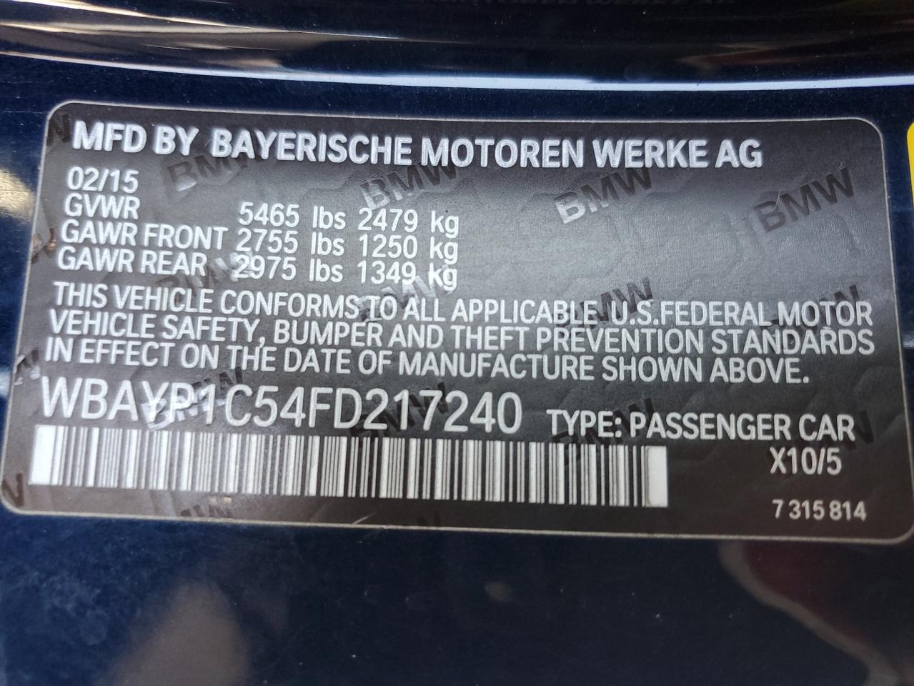 2015 BMW 650 Xi VIN: WBAYP1C54FD217240 Lot: 56171435