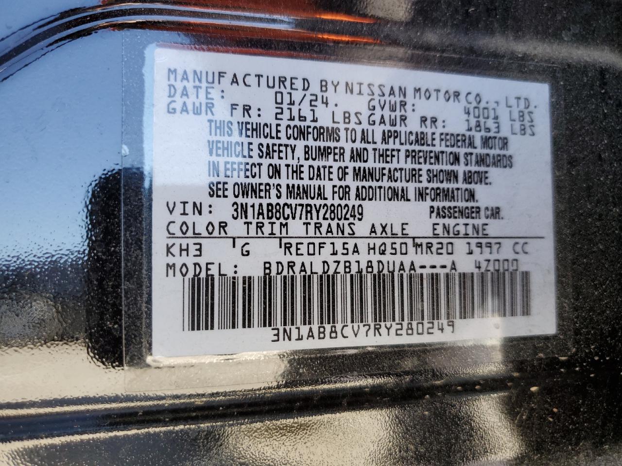2024 Nissan Sentra Sv VIN: 3N1AB8CV7RY280249 Lot: 55169575