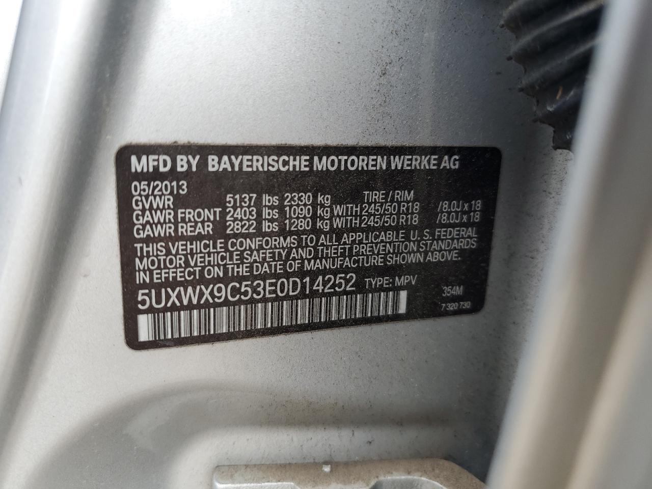 2014 BMW X3 xDrive28I VIN: 5UXWX9C53E0D14252 Lot: 55765575