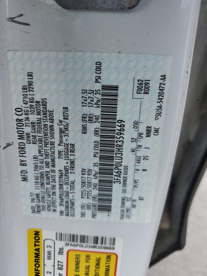 2017 Ford Fusion Se Hybrid VIN: 3FA6P0LU3HR359669 Lot: 54040075