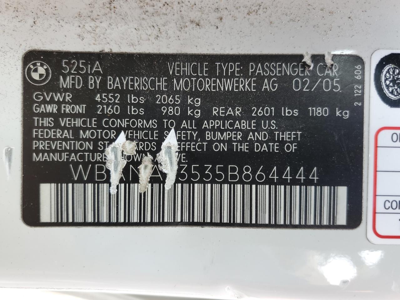 2005 BMW 525 I VIN: WBANA53535B864444 Lot: 57394325
