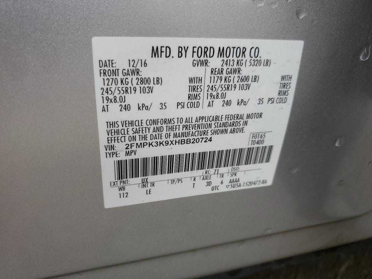 2017 Ford Edge Titanium VIN: 2FMPK3K9XHBB20724 Lot: 56957305