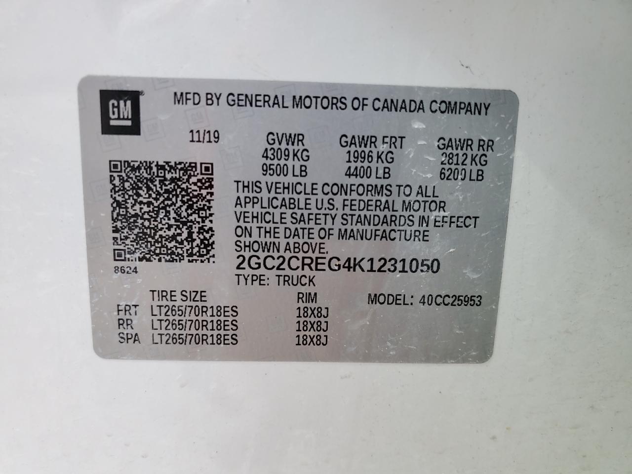 2019 Chevrolet Silverado C2500 Heavy Duty VIN: 2GC2CREG4K1231050 Lot: 57433065