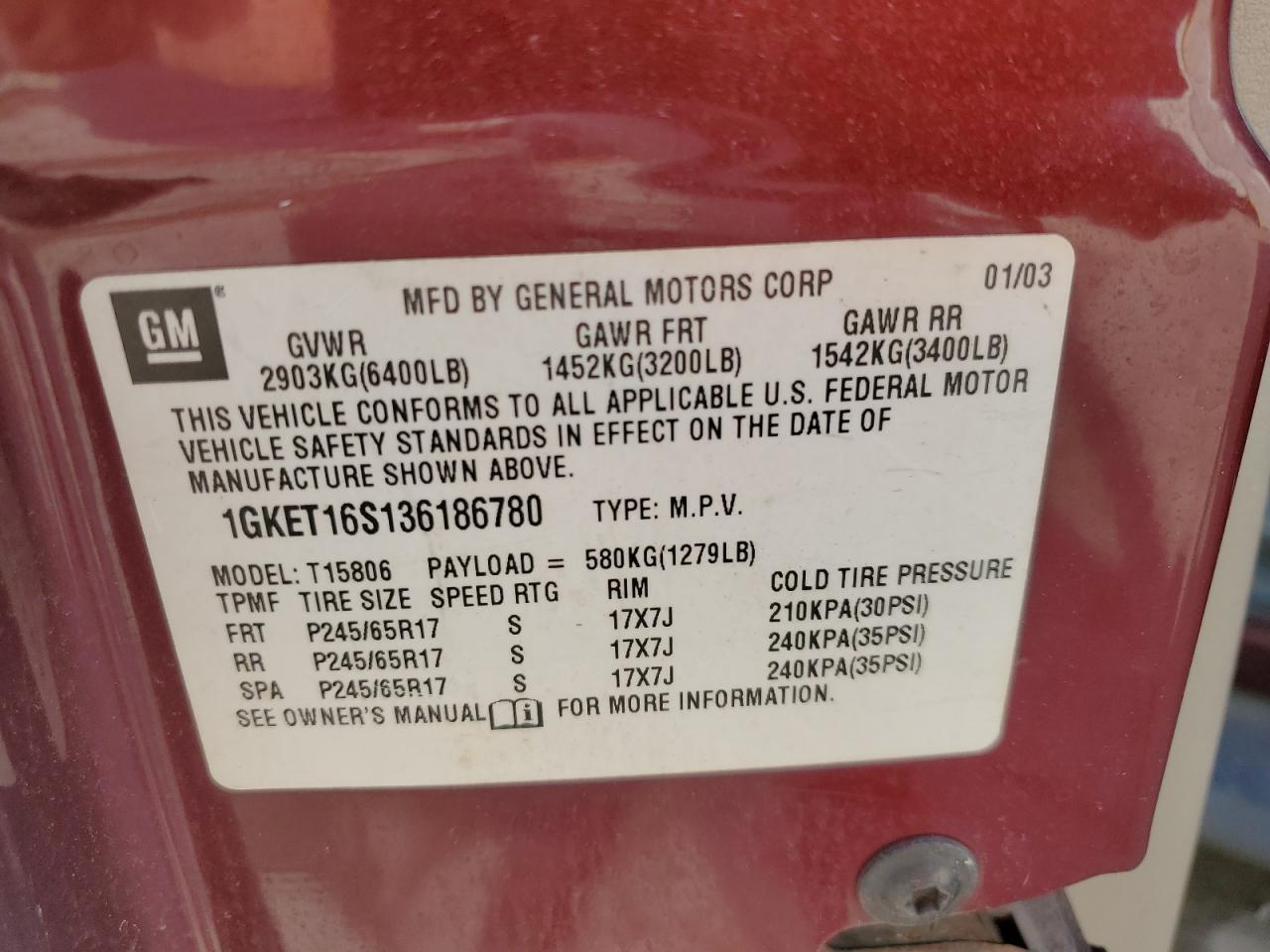 2003 GMC Envoy Xl VIN: 1GKET16S136186780 Lot: 55927155