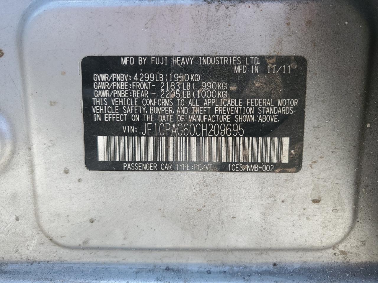 2012 Subaru Impreza Limited VIN: JF1GPAG60CH209695 Lot: 57023415