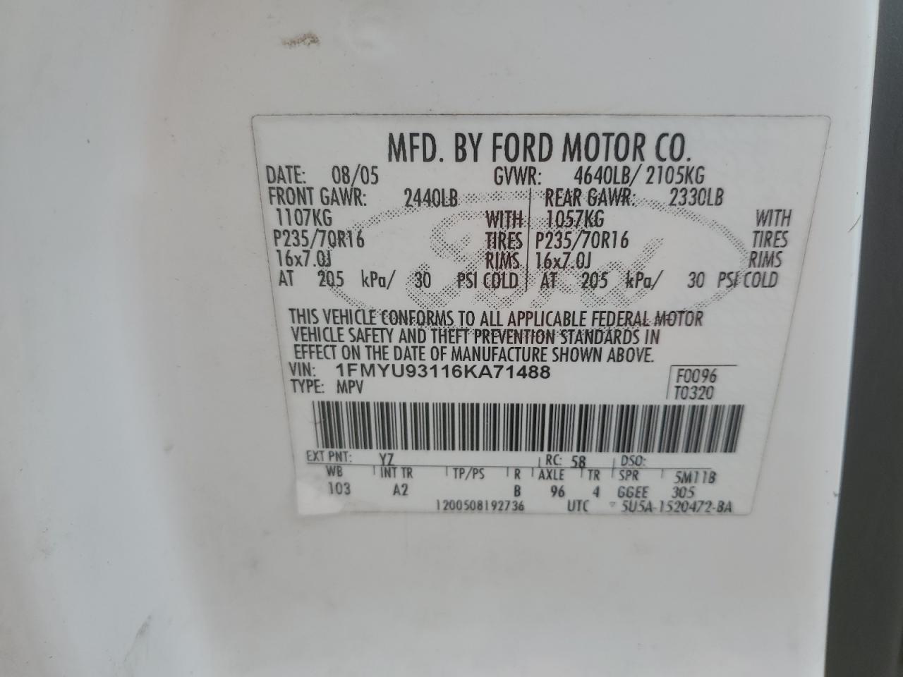 2006 Ford Escape Xlt VIN: 1FMYU93116KA71488 Lot: 57489755
