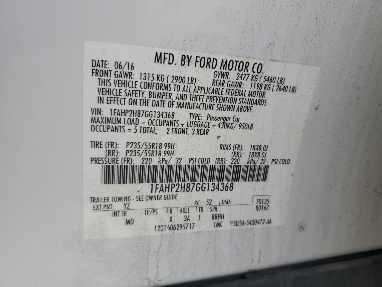 2016 Ford Taurus Sel VIN: 1FAHP2H87GG134368 Lot: 58616795