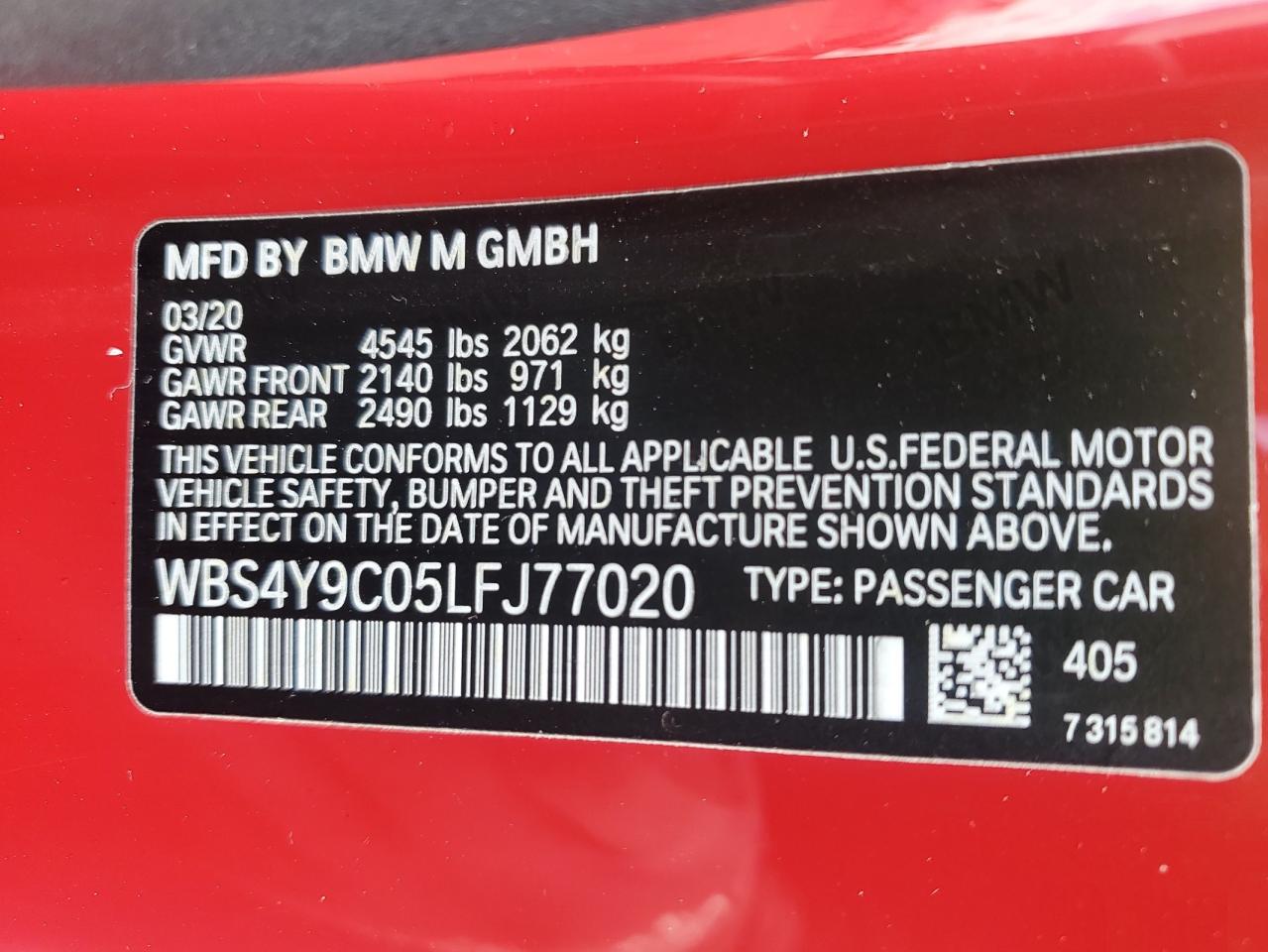 2020 BMW M4 VIN: WBS4Y9C05LFJ77020 Lot: 56002775