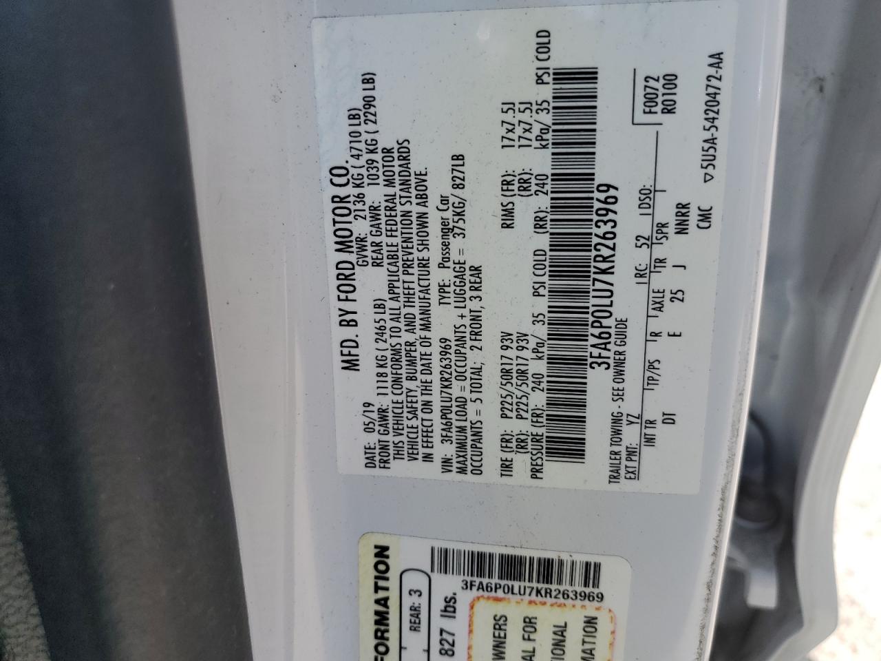 2019 Ford Fusion Se VIN: 3FA6P0LU7KR263969 Lot: 57158035