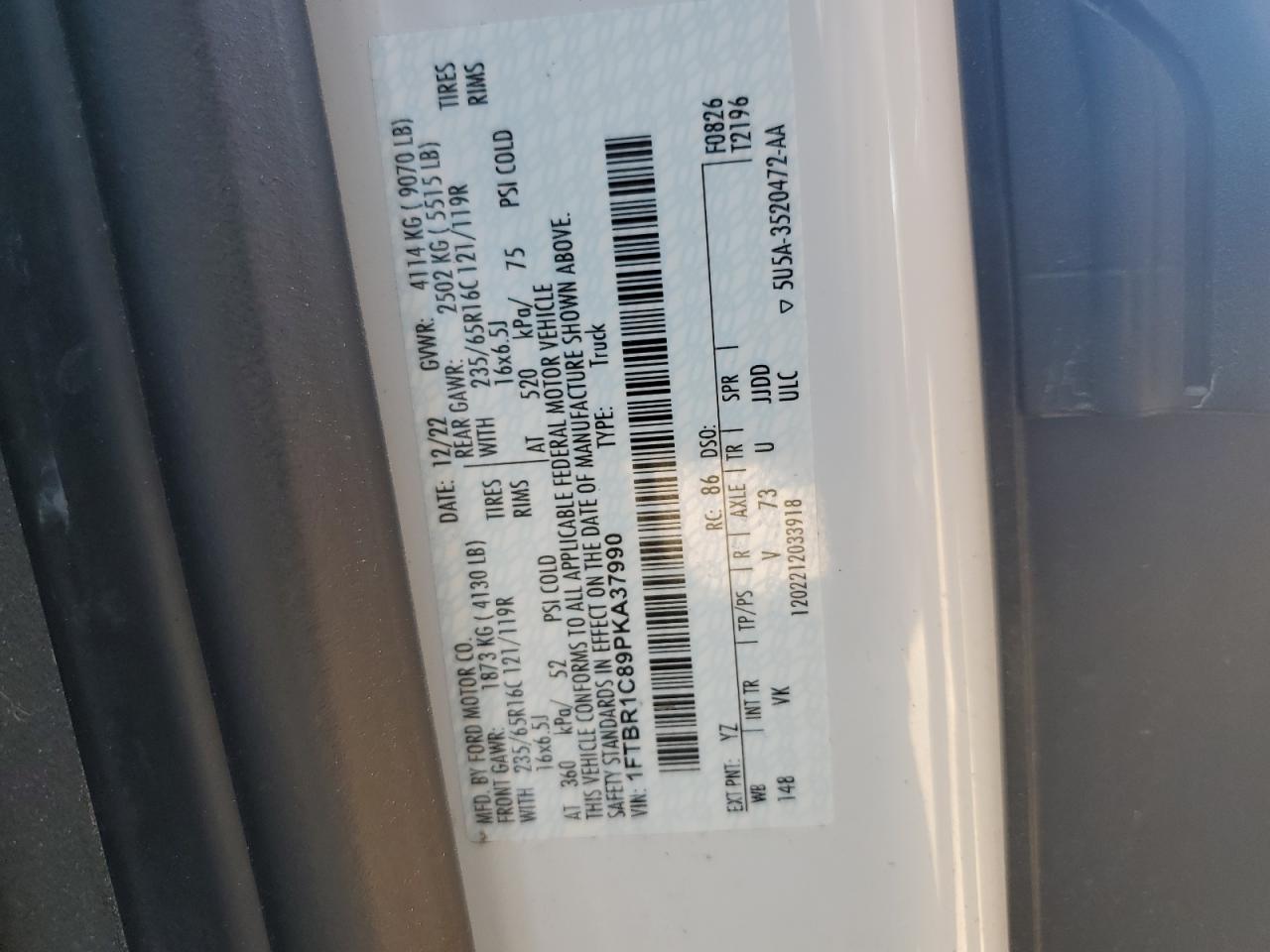 2023 Ford Transit T-250 VIN: 1FTBR1C89PKA37990 Lot: 56926735
