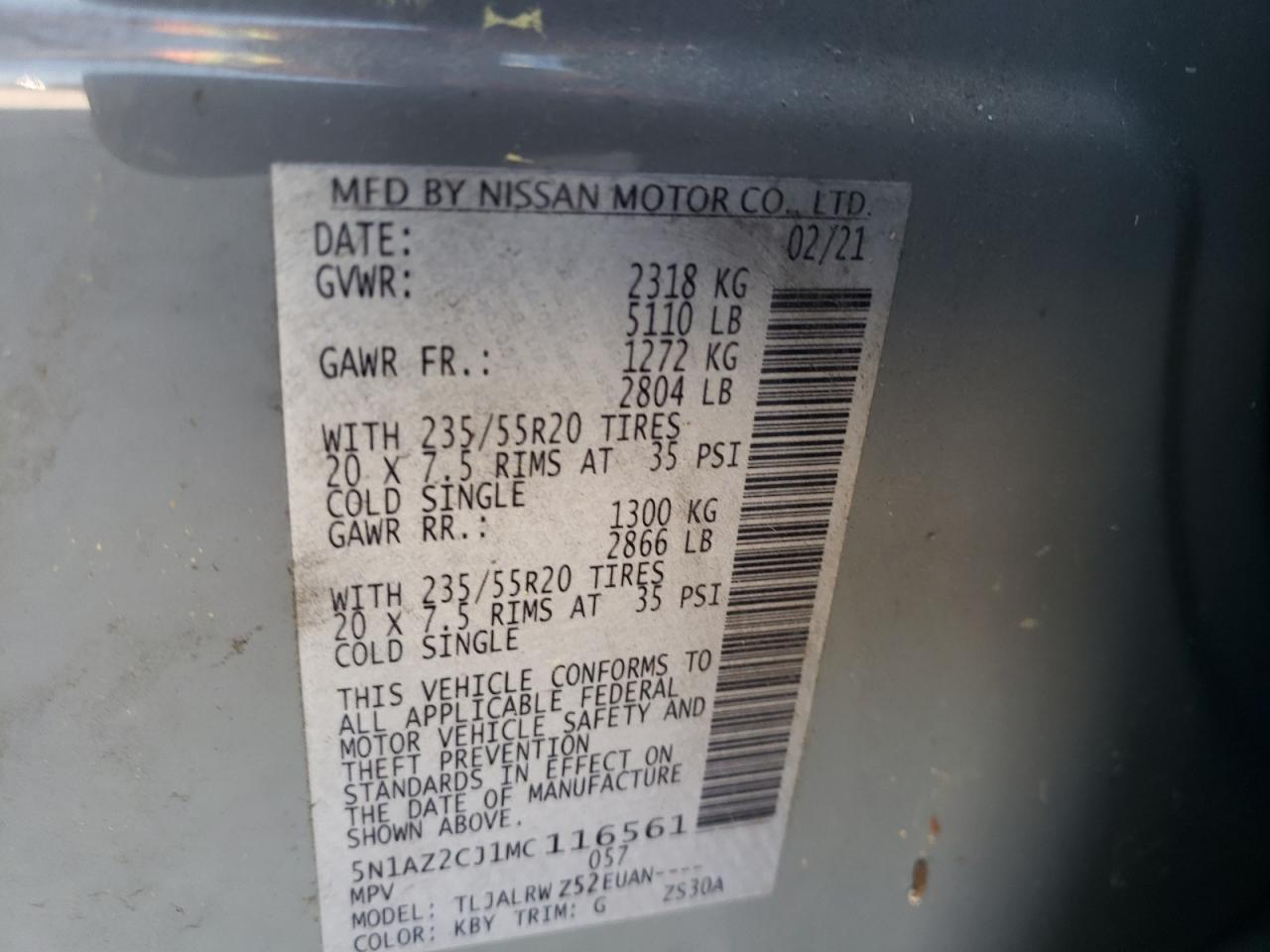 2021 Nissan Murano Sl VIN: 5N1AZ2CJ1MC116561 Lot: 57277645