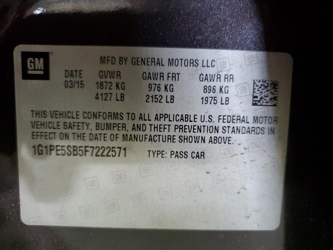 2015 Chevrolet Cruze Lt VIN: 1G1PE5SB5F7222571 Lot: 57641255