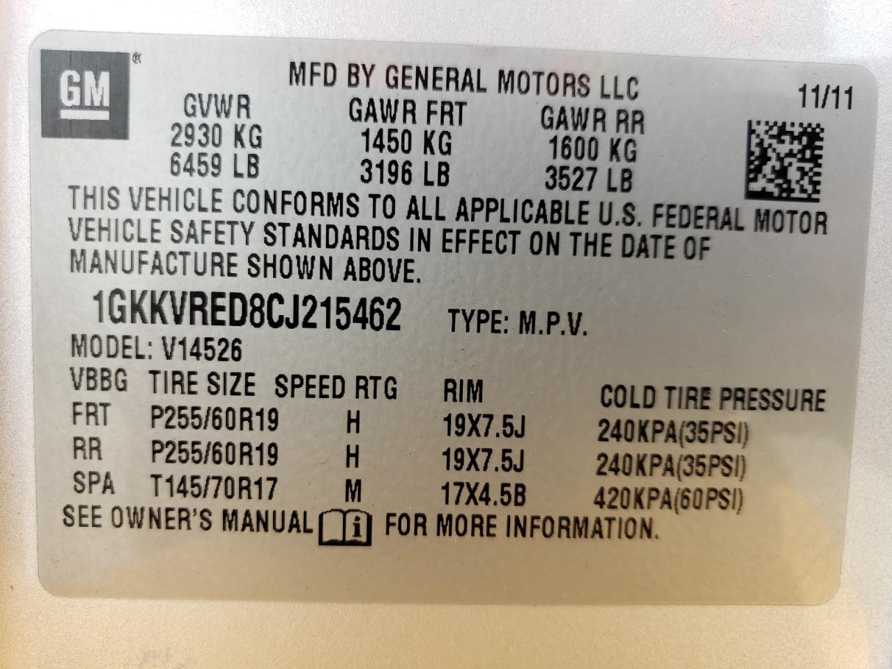2012 GMC Acadia Slt-1 VIN: 1GKKVRED8CJ215462 Lot: 56556545