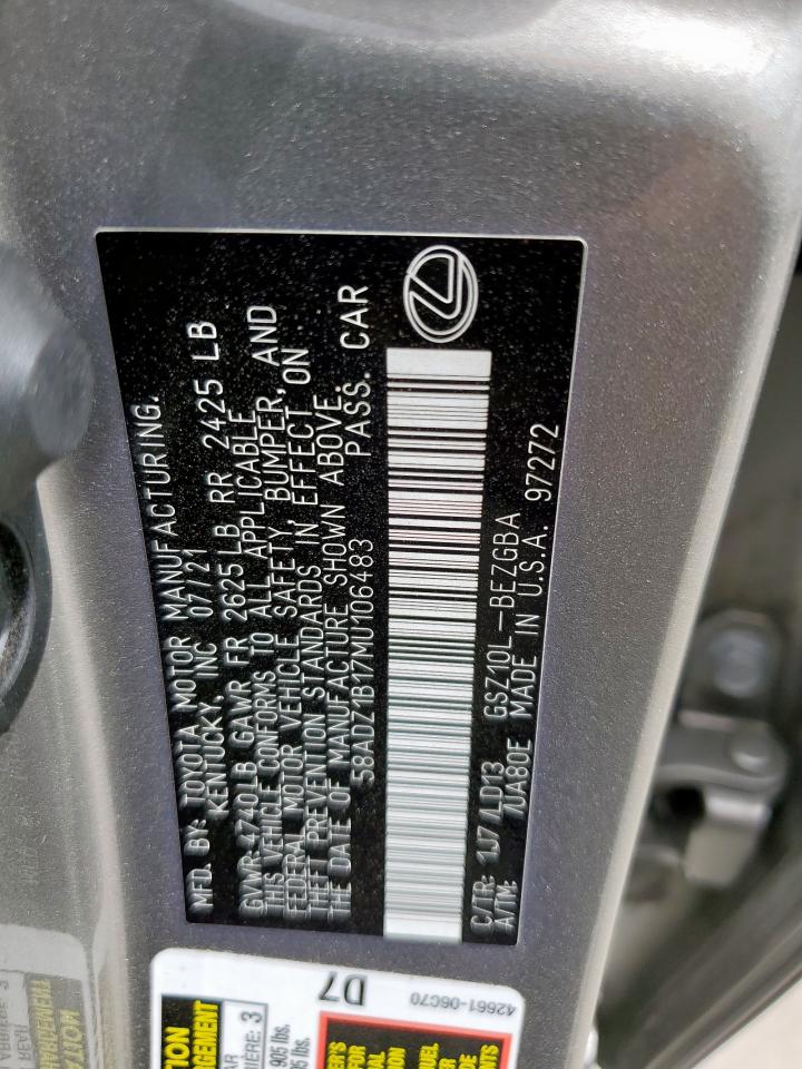 2021 Lexus Es 350 Base VIN: 58ADZ1B17MU106483 Lot: 57086645
