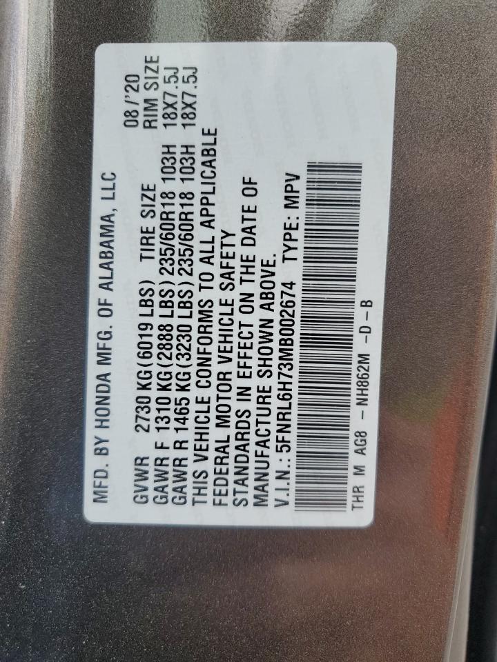2021 Honda Odyssey Exl VIN: 5FNRL6H73MB002674 Lot: 56511175