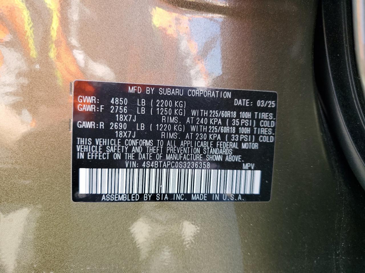 2025 Subaru Outback Touring VIN: 4S4BTAPC0S3236358 Lot: 56849645