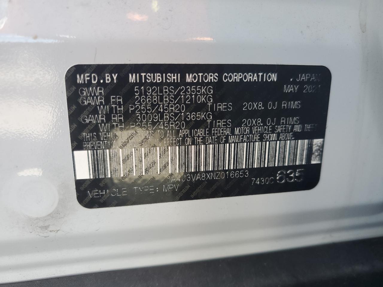 2022 Mitsubishi Outlander Sel VIN: JA4J3VA8XNZ016653 Lot: 56691695