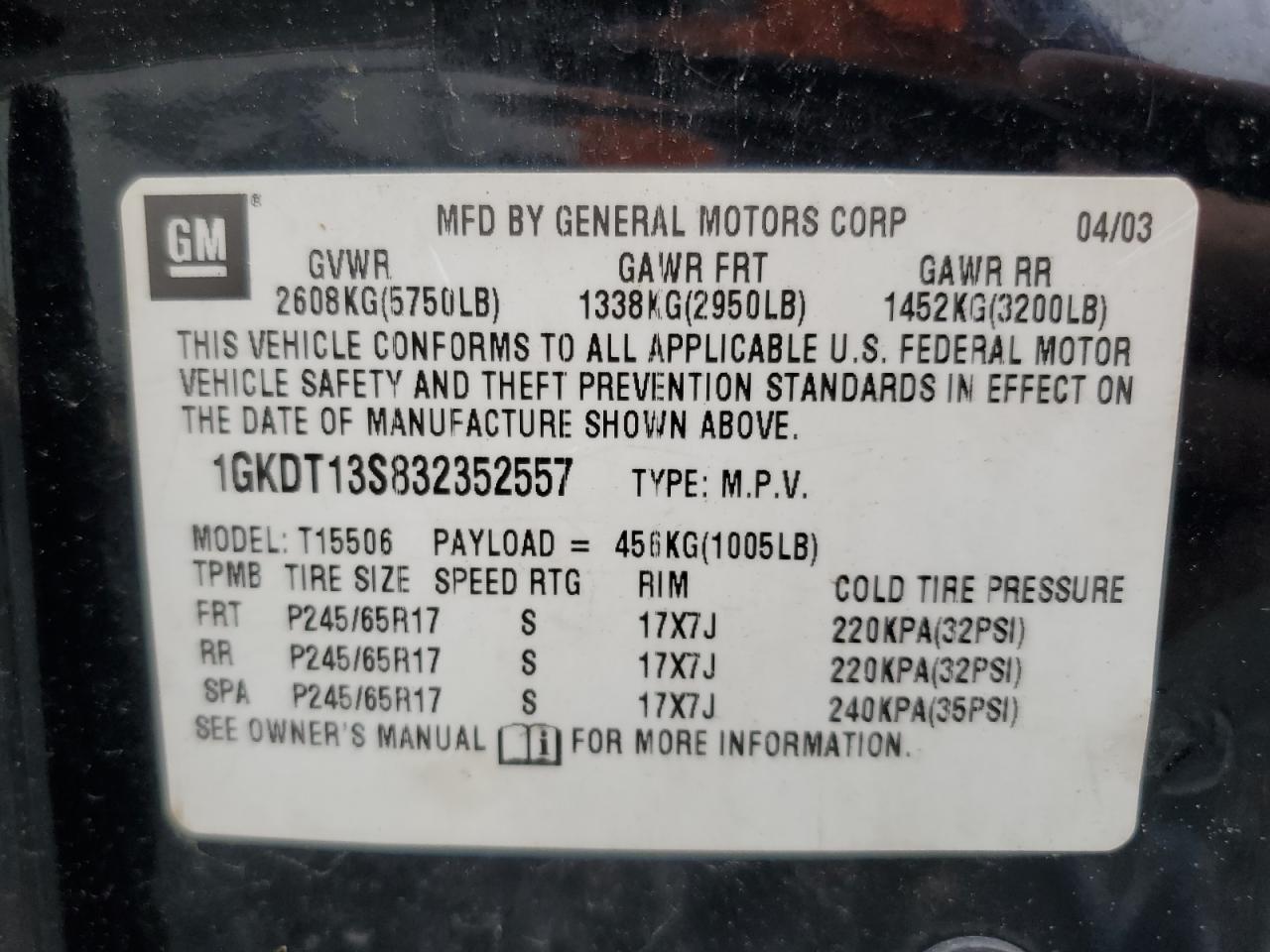 2003 GMC Envoy VIN: 1GKDT13S832352557 Lot: 56725915