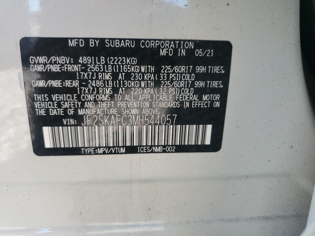2021 Subaru Forester Premium VIN: JF2SKAFC3MH544057 Lot: 56749215